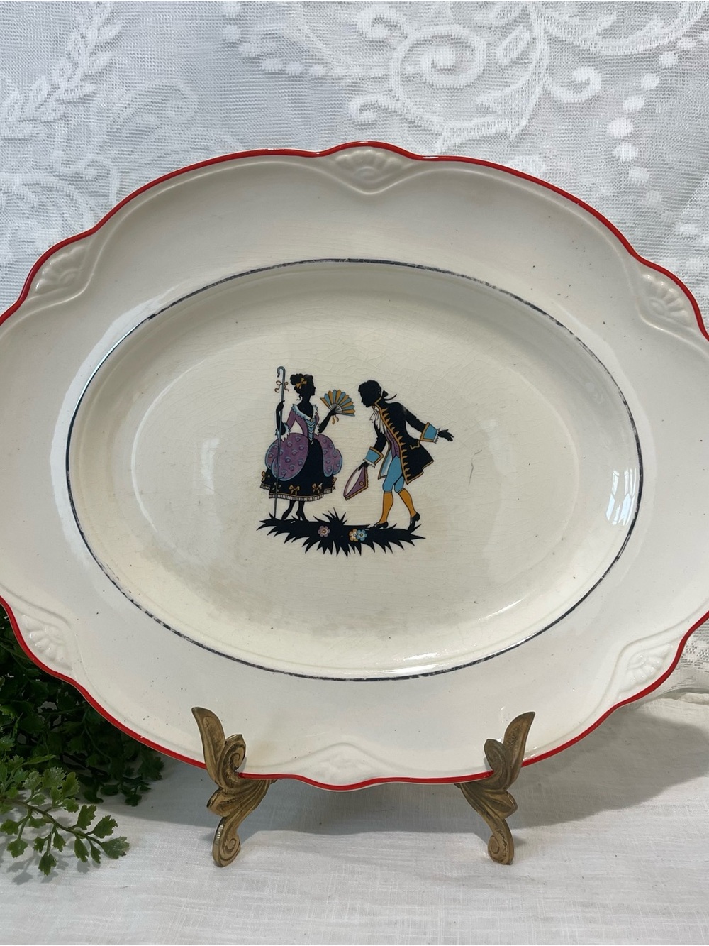 Homer Laughlin Cream Platter with Red Rim and Multicolor Courtship Scene